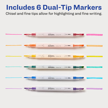 AVERY Dual Tip Markers, Fine Tip Marker and Chisel Tip Marker, Quick-Drying Water-Based Markers, Rainbow Assortment, Ideal Planner Markers and Journal Markers, 6-Pack (25004)